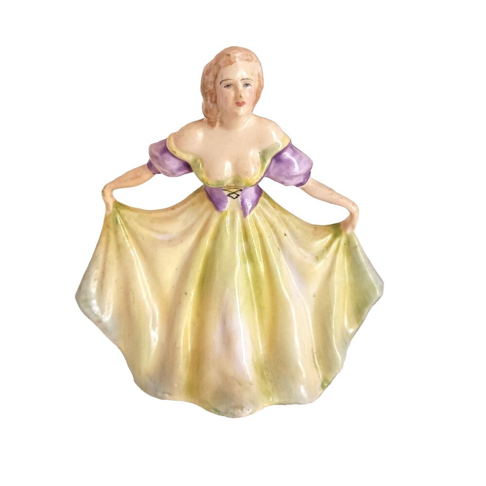 Dancing Lady Figurine 4" Purple Yellow Dress Vintage Unmarked Slip Cast Ceramic